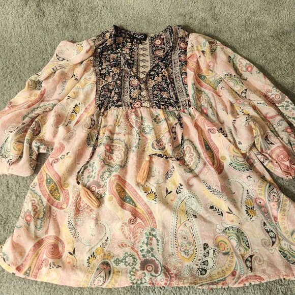 Gigio Tops - GIGIO Multicolored Blouse Flowing Boho Paisley Top Sheer See Trough 3/4 Sleeves